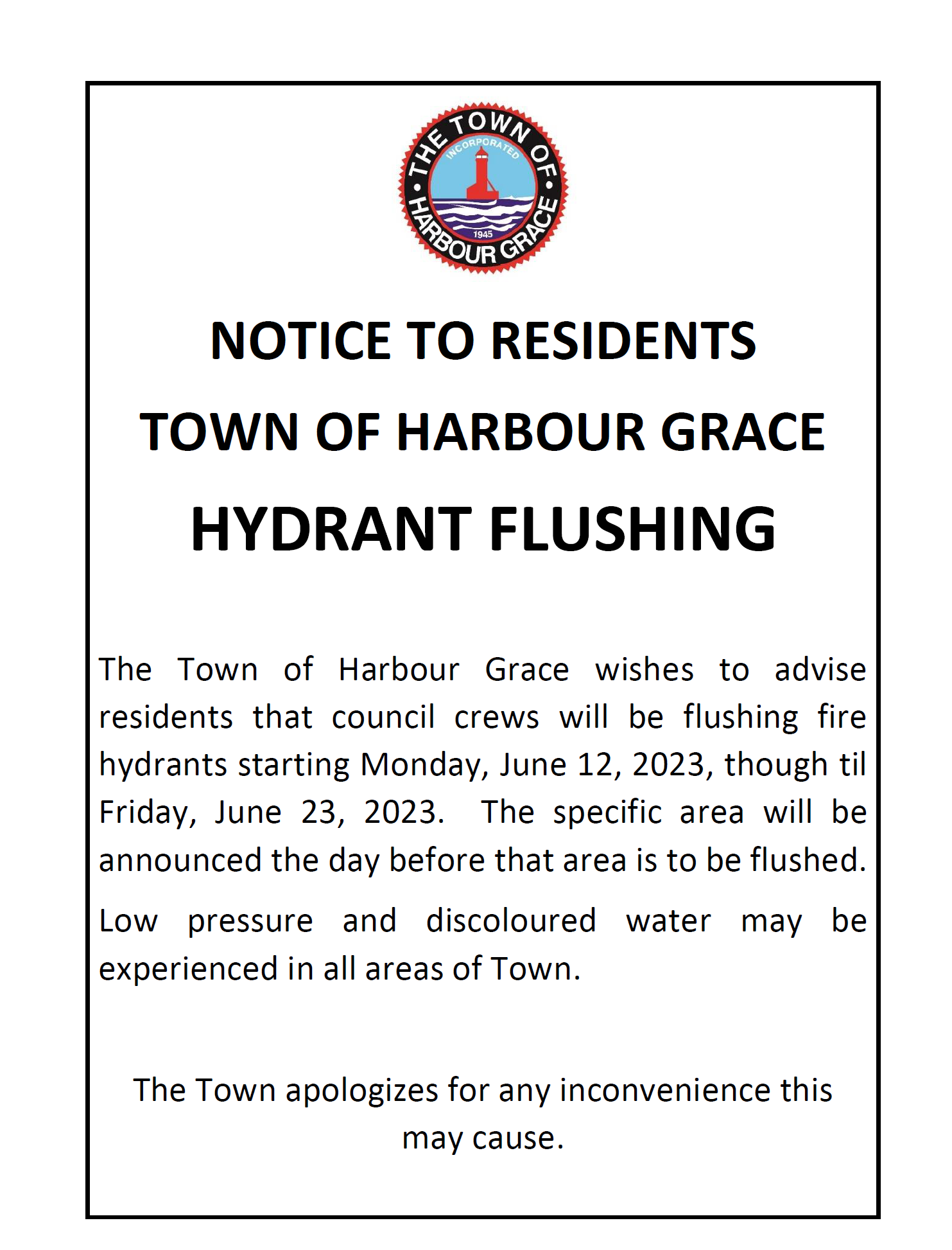 Hydrant Flushing Starting Next Week Harbour Grace
