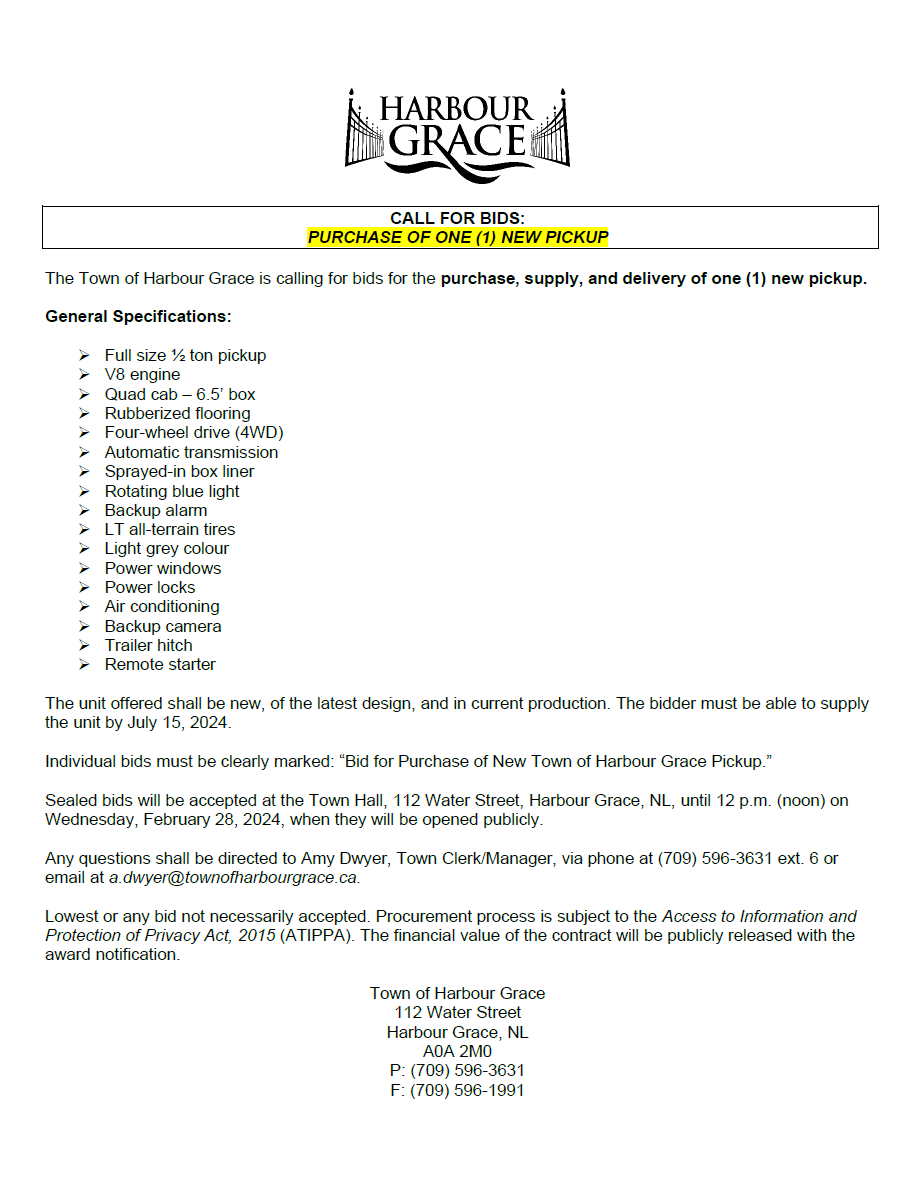 Individual Bids Call for Bids: Purchase of One (1) New Pickup - Harbour Grace