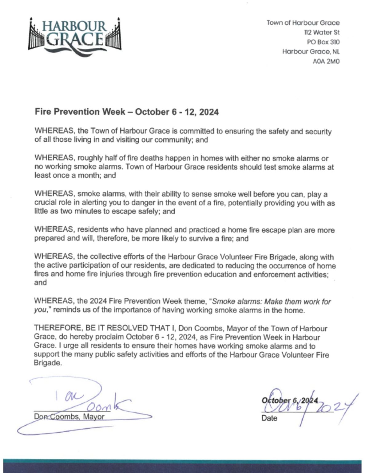 Proclamation Fire Prevention Week (Oct. 6 12, 2024) Harbour Grace