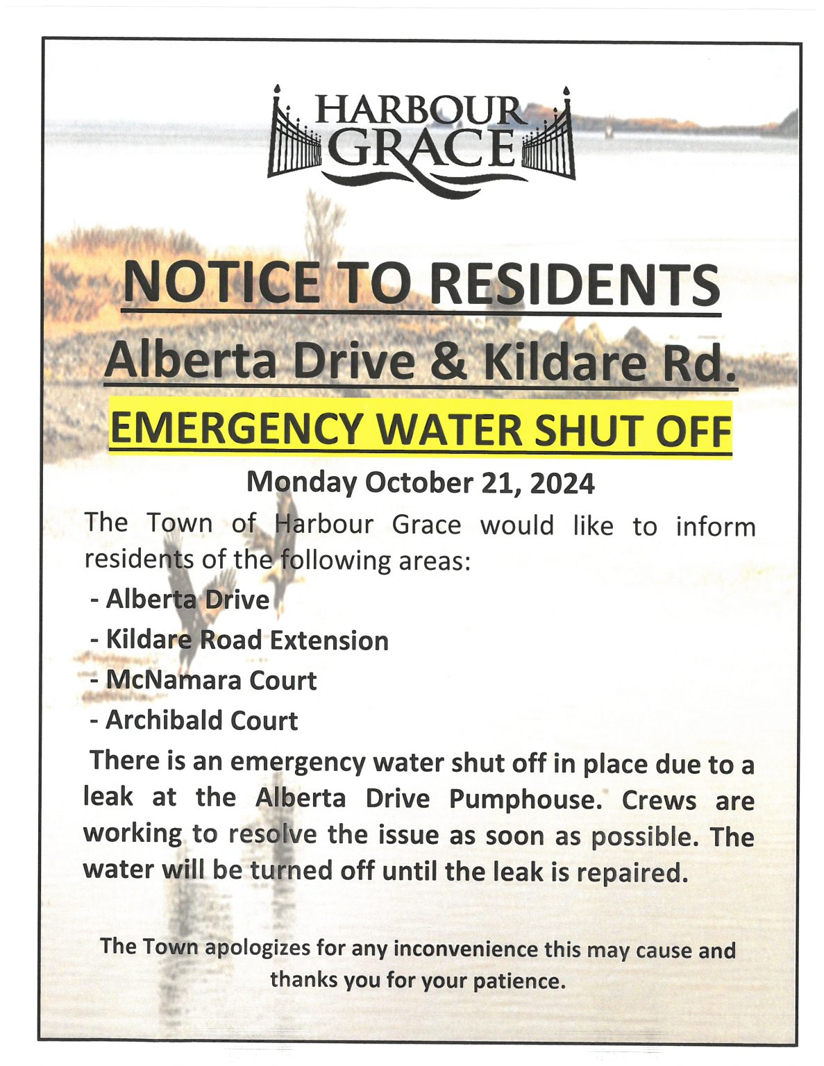 Notice to Residents alberta Drive & kildare Rd. EMERGENCY WATER SHUT